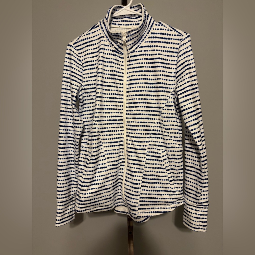 T by Talbots Women's Athletic Zip Up Jacket White with Blue‎ Stripes small